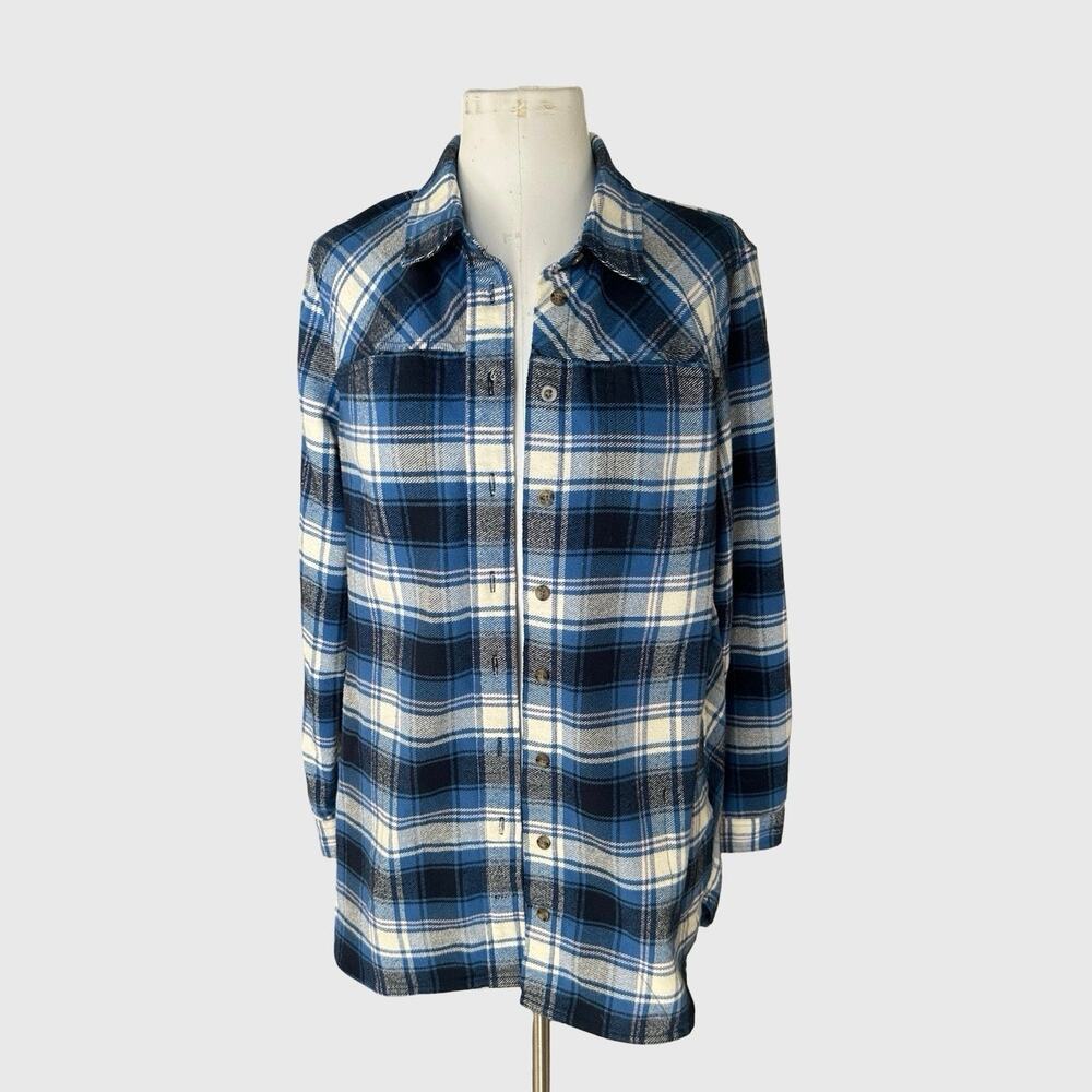 Duluth Trading Co Folklore Flannel Tunic Blue Plaid Button Front Medium Gorpcore